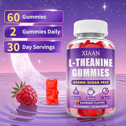 XIAAN L-Theanine Gummies for Kids & Adults, L'Theanine 400mg Chewable L Theanine Supplement for Calm, Zzz & Relaxation Support, Vegan, Organic, Raspberry Flavor, 60 Counts