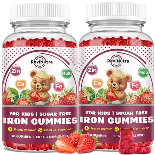 Iron Supplement Gummies for Kids - with Calcium, Zinc, Kids Multivitamin with Iron Gummies - Immune Support, Blood Builder & Energy Support for Iron Deficiency - 2 Pack Strawberry Flavour, 60 Gummies - görsel 1