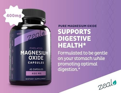 Zeal Naturals Magnesium Oxide Capsules 400mg – with NU-MAG® – Supports Calm Sleep, Muscle, Nerve & Digestive Health | Non-GMO, Third Party Tested | 45 Capsules