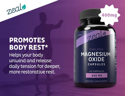 Zeal Naturals Magnesium Oxide Capsules 400mg – with NU-MAG® – Supports Calm Sleep, Muscle, Nerve & Digestive Health | Non-GMO, Third Party Tested | 45 Capsules
