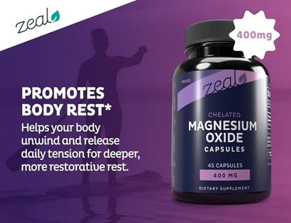 Zeal Naturals Magnesium Oxide Capsules 400mg – with NU-MAG® – Supports Calm Sleep, Muscle, Nerve & Digestive Health | Non-GMO, Third Party Tested | 45 Capsules