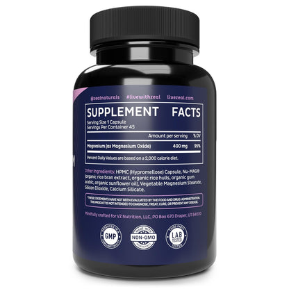Zeal Naturals Magnesium Oxide Capsules 400mg – with NU-MAG® – Supports Calm Sleep, Muscle, Nerve & Digestive Health | Non-GMO, Third Party Tested | 45 Capsules