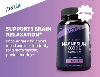 Zeal Naturals Magnesium Oxide Capsules 400mg – with NU-MAG® – Supports Calm Sleep, Muscle, Nerve & Digestive Health | Non-GMO, Third Party Tested | 45 Capsules