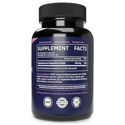 Zeal Naturals Magnesium Oxide Capsules 400mg – with NU-MAG® – Supports Calm Sleep, Muscle, Nerve & Digestive Health | Non-GMO, Third Party Tested | 45 Capsules