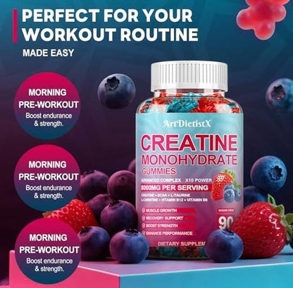 Creatine Monohydrate 5000mg Gummies with BCAA, L-Carnitine, Taurine & Vitamin B12 - Pre Workout Supplement for Muscle Growth, Strength & Energy, Multi-Flavor Chewable Gummies, 90 Count for Men & Women