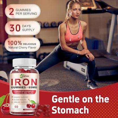Iron Supplement for Women, Men & Kids, Iron 65mg & Vitamin C 250mg per Serving with B6 B12 Folate- Energy Support for Iron Deficiency, Anemia, Vegan Gummy Cherry Flavor, 60 Count