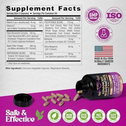 Resveratrol Supplement - 19-in-1 Organic Polyphenol Complex - Noni Extract | Berberine | Quercetin | Apple Cider Vinegar | Acai - for Women & Men - Antioxidant & Heart Health Support - 120 Capsules