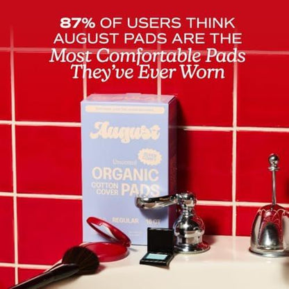 August Regular Cotton Menstrual Pads, 36-Pack Ultra Thin Pads with Wings, Hypoallergenic Sanitary Napkins with Organic Cotton Topsheet, Compostable Wrappers, Toxin Free, Fragrance Free
