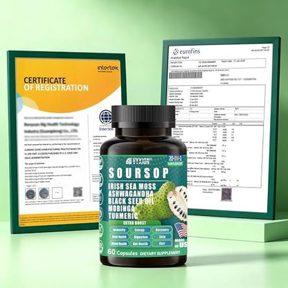 Soursop Graviola Supplement with Sea Moss, Moringa, Turmeric, Black Seed Oil, Oregano, Ashwagandha | 20-in-One Herbal extracts for Overall Health-Enhancing | Vegan, Non-GMO | 60 Capsules
