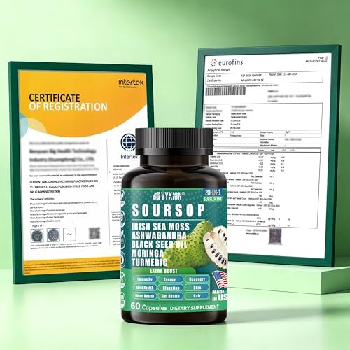 Soursop Graviola Supplement with Sea Moss, Moringa, Turmeric, Black Seed Oil, Oregano, Ashwagandha | 20-in-One Herbal extracts for Overall Health-Enhancing | Vegan, Non-GMO | 60 Capsules - görsel 3
