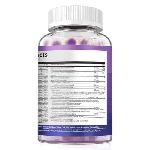 Multivitamin for Men, Mens Multivitamins Gummies w/Omega-3, Probiotics, Inositol, Folate, Biotin, Zinc, Vitamins A, C, D, E, B, - Support Heart, Brain, Muscle, Energy, Sugar-Free, Blackberry Flavor - görsel 8
