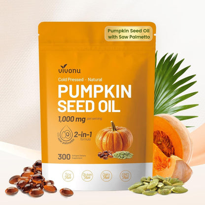 VivoNu Pumpkin Seed Oil with Saw Palmetto Capsules | Cold Pressed, Pure Virgin Oil, Essential Fatty Acids & Phytosterols | 300 Softgels Supports Hair, Urinary, Bladder & Prostate Health | Non-GMO