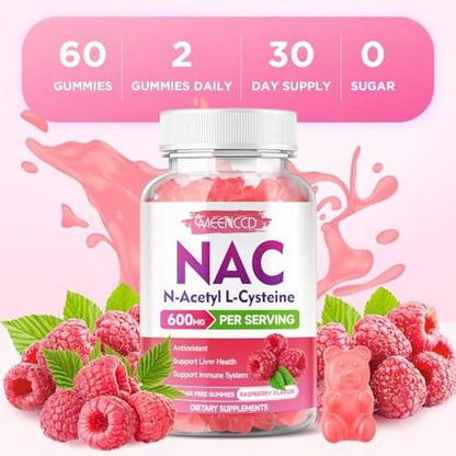MEENCCD NAC Gummies, N Acetyl Cysteine 600mg, NAC Supplement for Antioxidants & Immune Support, Sugar-Free, Natural Raspberry Flavor, 60 Count