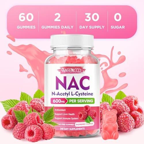 MEENCCD NAC Gummies, N Acetyl Cysteine 600mg, NAC Supplement for Antioxidants & Immune Support, Sugar-Free, Natural Raspberry Flavor, 60 Count - görsel 1