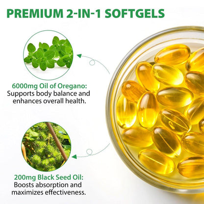 Oil of Oregano Softgels 6000mg, 120 Count | 2 in 1 Formulated with Black Seed Oil 200mg, Oregano Oil Capsules, High Carvacrol & Thymoquinone for Immune Support | Non-GMO, Gluten-Free