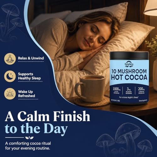Suiyilary 10 Mushroom Hot Cocoa, 3mg Melatonin Sleep Supplement, Sugar Free Keto Cocoa Powder, Nighttime Drink, 1000mg Glycine, 200mg L-Theanine, Help Fall Asleep and Stay Asleep, 15 Servings - görsel 6