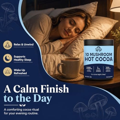 Suiyilary 10 Mushroom Hot Cocoa, 3mg Melatonin Sleep Supplement, Sugar Free Keto Cocoa Powder, Nighttime Drink, 1000mg Glycine, 200mg L-Theanine, Help Fall Asleep and Stay Asleep, 15 Servings
