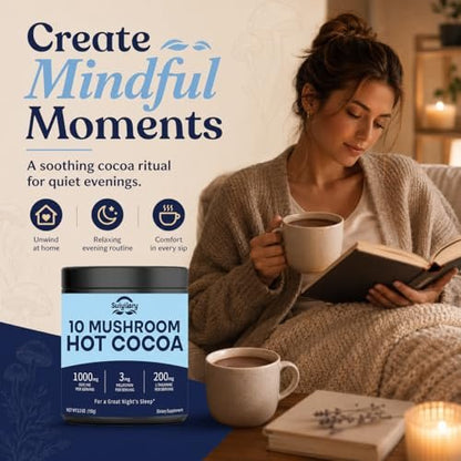 Suiyilary 10 Mushroom Hot Cocoa, 3mg Melatonin Sleep Supplement, Sugar Free Keto Cocoa Powder, Nighttime Drink, 1000mg Glycine, 200mg L-Theanine, Help Fall Asleep and Stay Asleep, 15 Servings