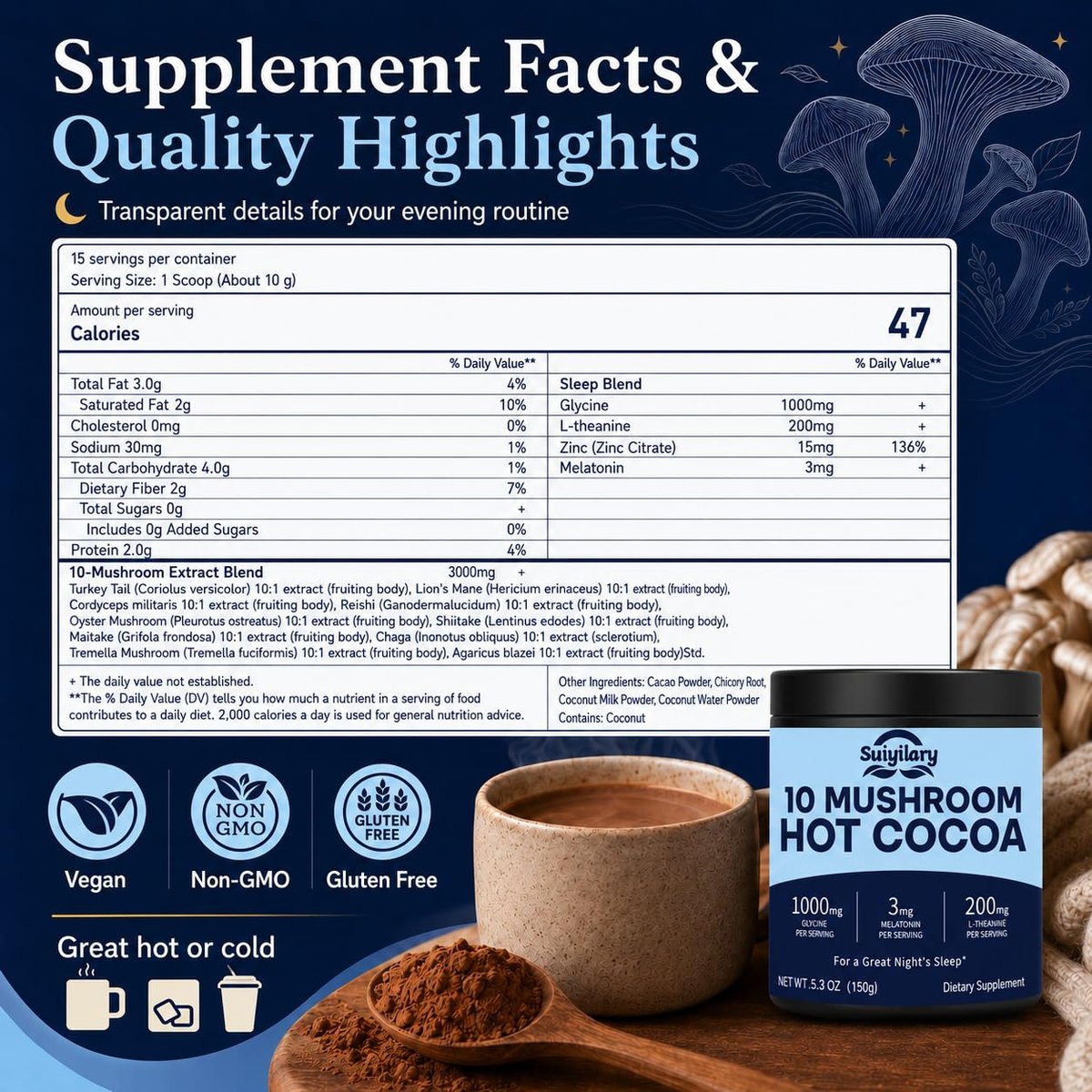 Suiyilary 10 Mushroom Hot Cocoa, 3mg Melatonin Sleep Supplement, Sugar Free Keto Cocoa Powder, Nighttime Drink, 1000mg Glycine, 200mg L-Theanine, Help Fall Asleep and Stay Asleep, 15 Servings - görsel 17