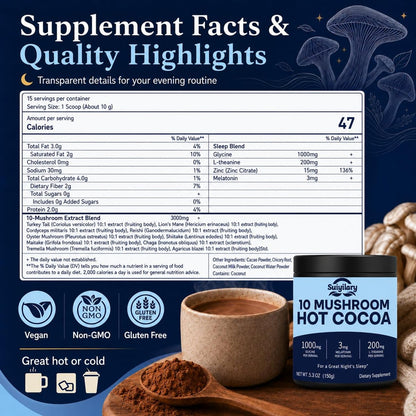 Suiyilary 10 Mushroom Hot Cocoa, 3mg Melatonin Sleep Supplement, Sugar Free Keto Cocoa Powder, Nighttime Drink, 1000mg Glycine, 200mg L-Theanine, Help Fall Asleep and Stay Asleep, 15 Servings