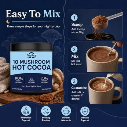 Suiyilary 10 Mushroom Hot Cocoa, 3mg Melatonin Sleep Supplement, Sugar Free Keto Cocoa Powder, Nighttime Drink, 1000mg Glycine, 200mg L-Theanine, Help Fall Asleep and Stay Asleep, 15 Servings