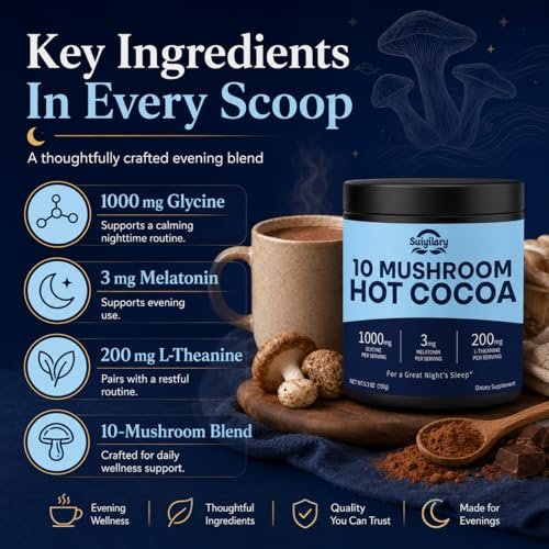 Suiyilary 10 Mushroom Hot Cocoa, 3mg Melatonin Sleep Supplement, Sugar Free Keto Cocoa Powder, Nighttime Drink, 1000mg Glycine, 200mg L-Theanine, Help Fall Asleep and Stay Asleep, 15 Servings - görsel 4