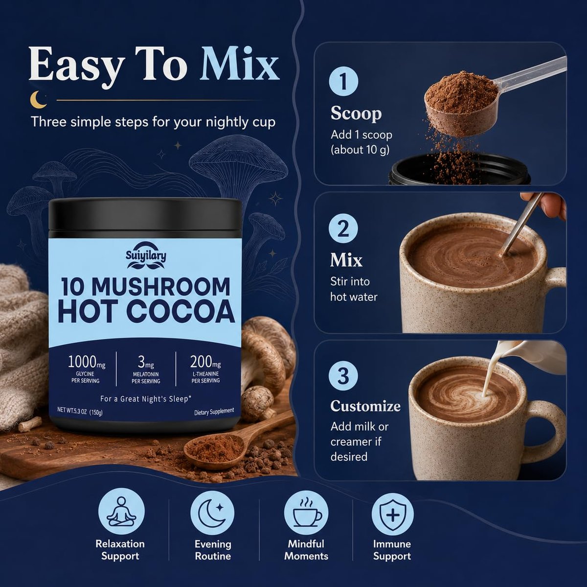 Suiyilary 10 Mushroom Hot Cocoa, 3mg Melatonin Sleep Supplement, Sugar Free Keto Cocoa Powder, Nighttime Drink, 1000mg Glycine, 200mg L-Theanine, Help Fall Asleep and Stay Asleep, 15 Servings - görsel 13