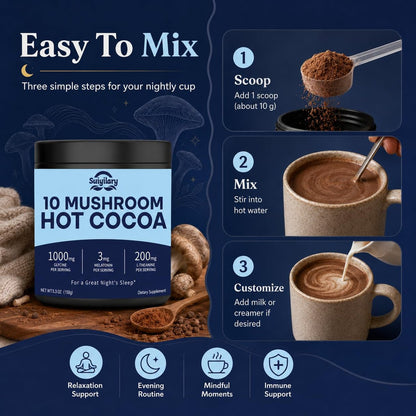 Suiyilary 10 Mushroom Hot Cocoa, 3mg Melatonin Sleep Supplement, Sugar Free Keto Cocoa Powder, Nighttime Drink, 1000mg Glycine, 200mg L-Theanine, Help Fall Asleep and Stay Asleep, 15 Servings