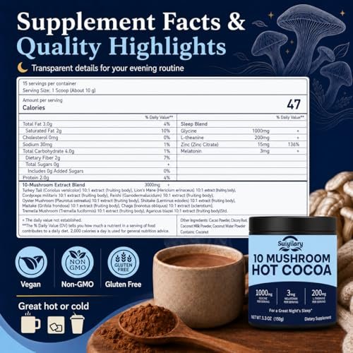 Suiyilary 10 Mushroom Hot Cocoa, 3mg Melatonin Sleep Supplement, Sugar Free Keto Cocoa Powder, Nighttime Drink, 1000mg Glycine, 200mg L-Theanine, Help Fall Asleep and Stay Asleep, 15 Servings - görsel 18