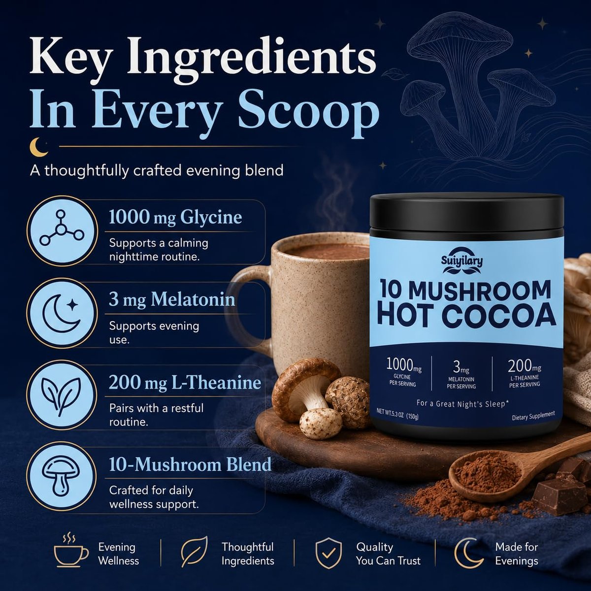 Suiyilary 10 Mushroom Hot Cocoa, 3mg Melatonin Sleep Supplement, Sugar Free Keto Cocoa Powder, Nighttime Drink, 1000mg Glycine, 200mg L-Theanine, Help Fall Asleep and Stay Asleep, 15 Servings - görsel 3
