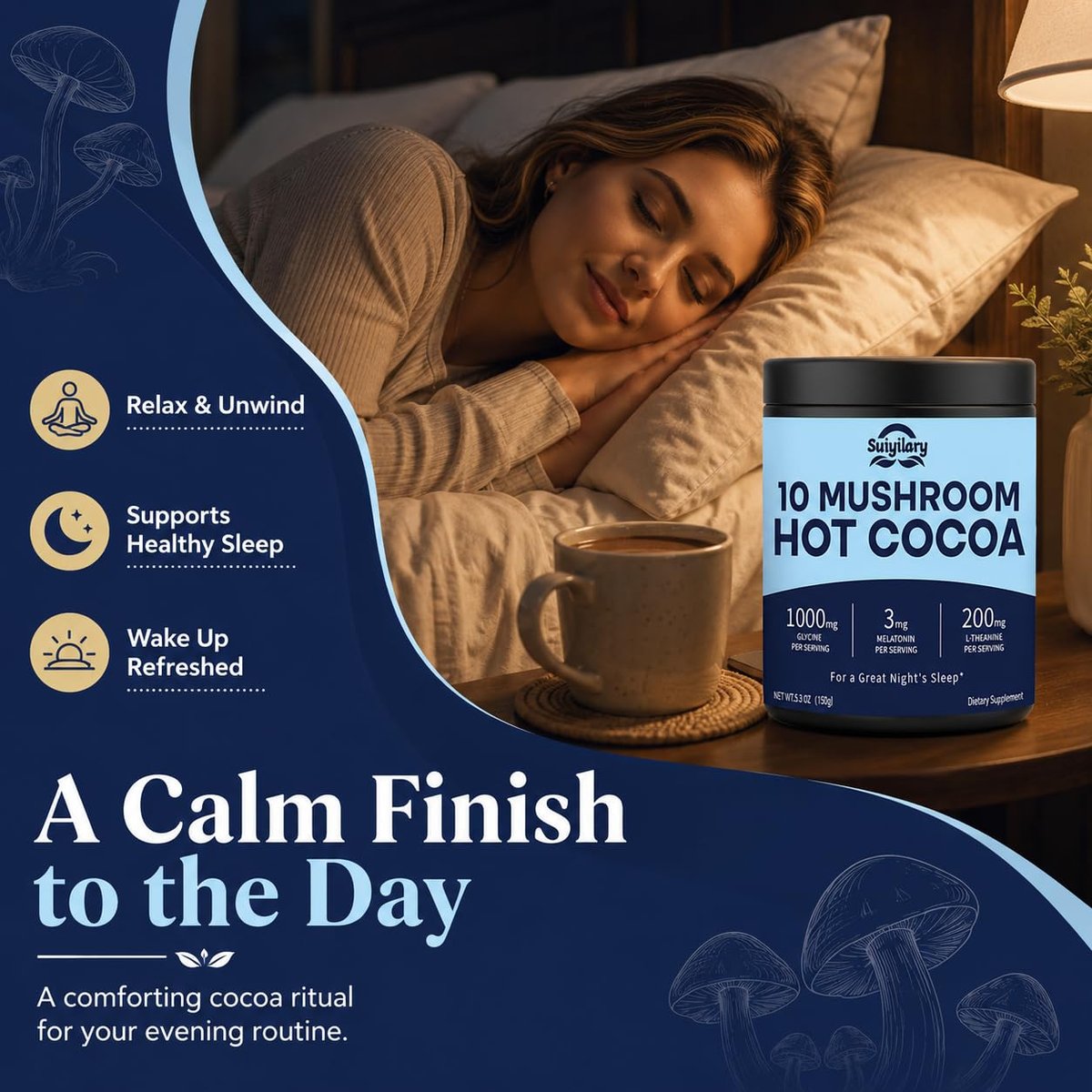 Suiyilary 10 Mushroom Hot Cocoa, 3mg Melatonin Sleep Supplement, Sugar Free Keto Cocoa Powder, Nighttime Drink, 1000mg Glycine, 200mg L-Theanine, Help Fall Asleep and Stay Asleep, 15 Servings - görsel 5