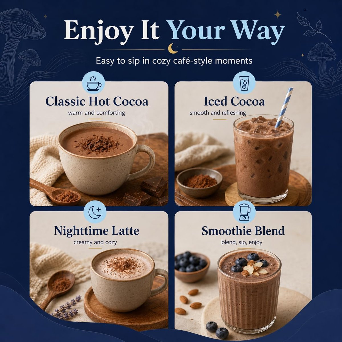Suiyilary 10 Mushroom Hot Cocoa, 3mg Melatonin Sleep Supplement, Sugar Free Keto Cocoa Powder, Nighttime Drink, 1000mg Glycine, 200mg L-Theanine, Help Fall Asleep and Stay Asleep, 15 Servings - görsel 15