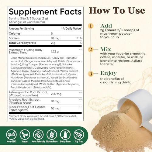 Fidus 16 Mushroom Supplement Powder with 1,730mg per Serving, 90 Day Servings Mushroom Coffee Alternative for Immunity, Focus & Energy with Ashwagandha, Lion's Mane, Reishi, 100% Fruiting Bodies - görsel 4