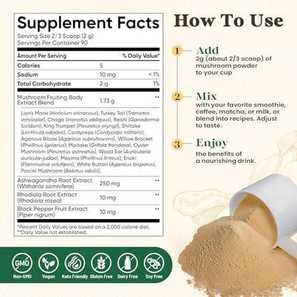 Fidus 16 Mushroom Supplement Powder with 1,730mg per Serving, 90 Day Servings Mushroom Coffee Alternative for Immunity, Focus & Energy with Ashwagandha, Lion's Mane, Reishi, 100% Fruiting Bodies