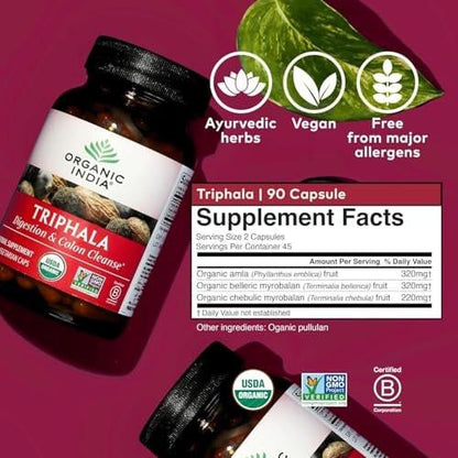 ORGANIC INDIA Triphala Capsules Organic - Herbal Supplement with Amla, Bibhitaki, Haritaki, Digestion & Colon Support, Immune System Support, Adaptogen, Vegan, USDA Certified Organic - 60 Capsules