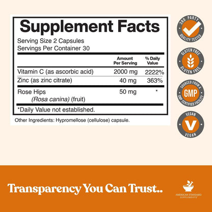 American Standard Supplements Vitamin C 2000mg, Zinc 40mg, and Rose HIPS 50mg Per Serving – Vegan, Gluten Free, Non-GMO (60 Count)