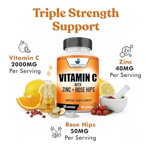 American Standard Supplements Vitamin C 2000mg, Zinc 40mg, and Rose HIPS 50mg Per Serving – Vegan, Gluten Free, Non-GMO (60 Count) - görsel 6