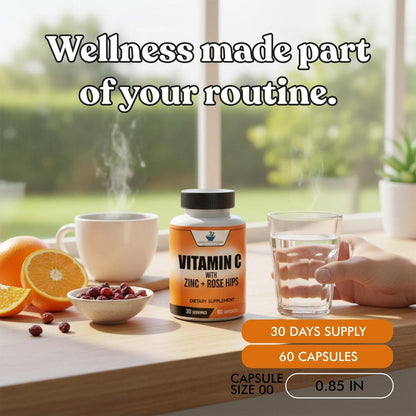 American Standard Supplements Vitamin C 2000mg, Zinc 40mg, and Rose HIPS 50mg Per Serving – Vegan, Gluten Free, Non-GMO (60 Count)