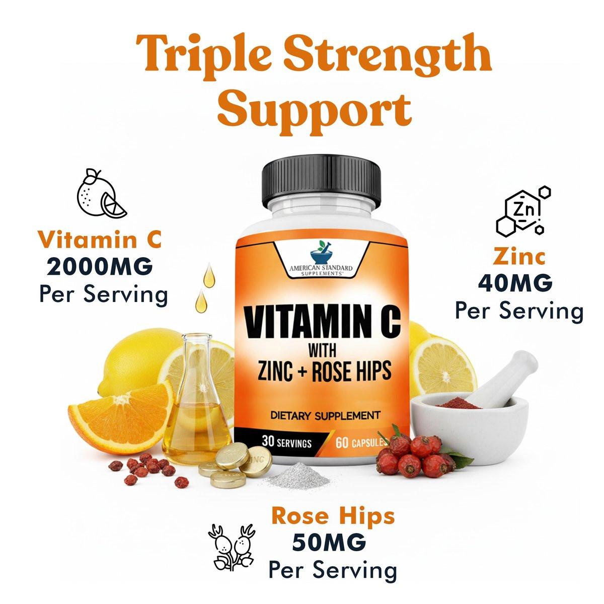 American Standard Supplements Vitamin C 2000mg, Zinc 40mg, and Rose HIPS 50mg Per Serving – Vegan, Gluten Free, Non-GMO (60 Count) - görsel 5