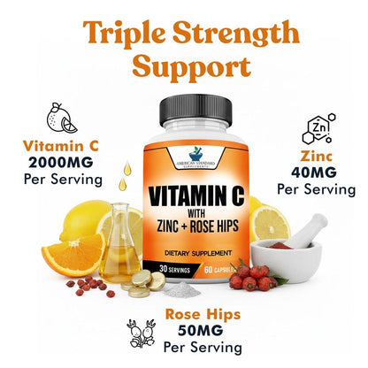 American Standard Supplements Vitamin C 2000mg, Zinc 40mg, and Rose HIPS 50mg Per Serving – Vegan, Gluten Free, Non-GMO (60 Count)