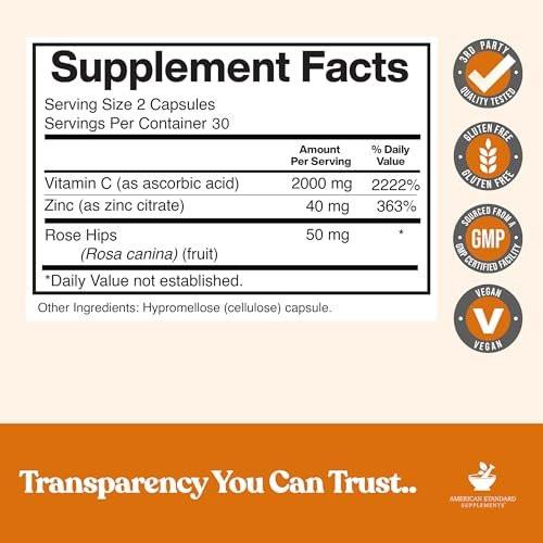 American Standard Supplements Vitamin C 2000mg, Zinc 40mg, and Rose HIPS 50mg Per Serving – Vegan, Gluten Free, Non-GMO (60 Count) - görsel 4