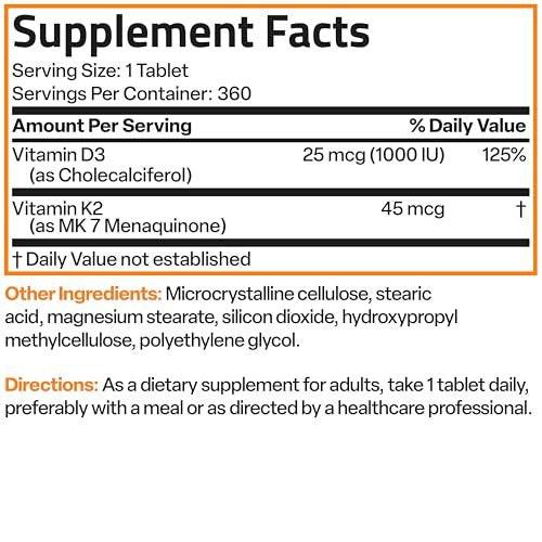 Bronson Vitamin K2 (MK7) with D3 Lower Dose 45mcg Vitamin K2 & 1000 IU Vitamin D3 Easy to Swallow Daily Maintenance 2 in 1 Formula Non-GMO, 360 Mini Tablets - görsel 9