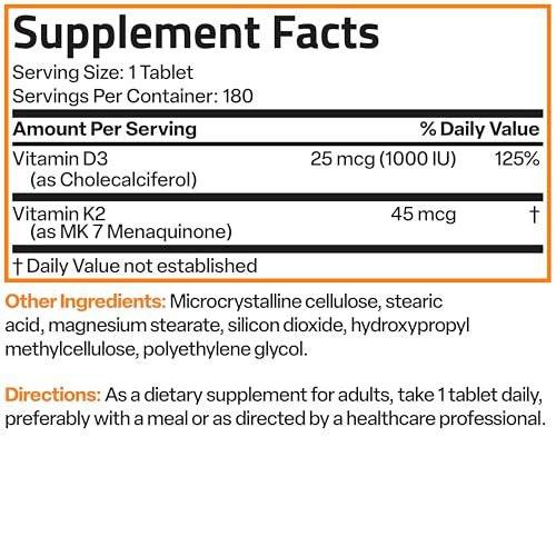 Bronson Vitamin K2 (MK7) with D3 Lower Dose 45mcg Vitamin K2 & 1000 IU Vitamin D3 Easy to Swallow Daily Maintenance 2 in 1 Formula Non-GMO, 360 Mini Tablets - görsel 5