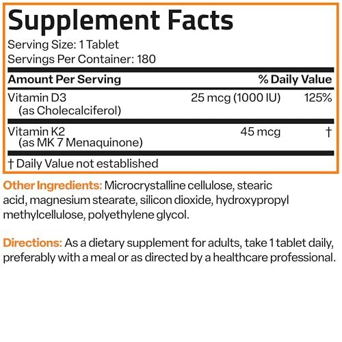 Bronson Vitamin K2 (MK7) with D3 Lower Dose 45mcg Vitamin K2 & 1000 IU Vitamin D3 Easy to Swallow Daily Maintenance 2 in 1 Formula Non-GMO, 180 Mini Tablets - görsel 13