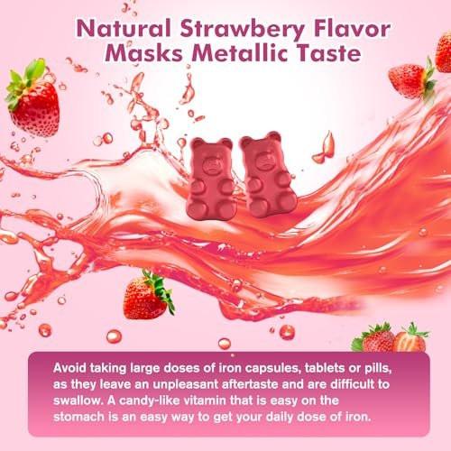 Iron Supplement for Women & Men Gummies, Multivitamin Blood Builder Iron Supplement with Folate Vitamin C B12 B6 Zinc for Adults & Kids - Energy Support - Strawberry Flavor, Vegan 60 Gummies - görsel 13