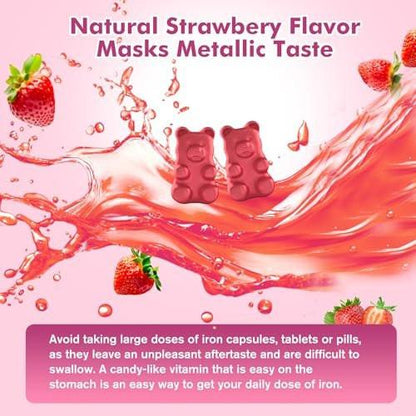 Iron Supplement for Women & Men Gummies, Multivitamin Blood Builder Iron Supplement with Folate Vitamin C B12 B6 Zinc for Adults & Kids - Energy Support - Strawberry Flavor, Vegan 60 Gummies