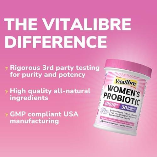 Vitalibre Probiotics for Women 30 Strains, 100 Billion CFU Vaginal Probiotics with Digestive Enzymes, Prebiotics & Cranberry for Urinary Tract Health, pH Balance, 30 Veggie Capsules - görsel 13