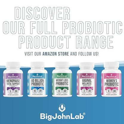 BIGJOHNLAB® Menopause Total Support – Advanced Probiotic Formula with 5 Strains & 15 Billion CFU, Resveratrol, Black Cohosh, Acacia Fiber, Non-GMO & 100% Vegetarian