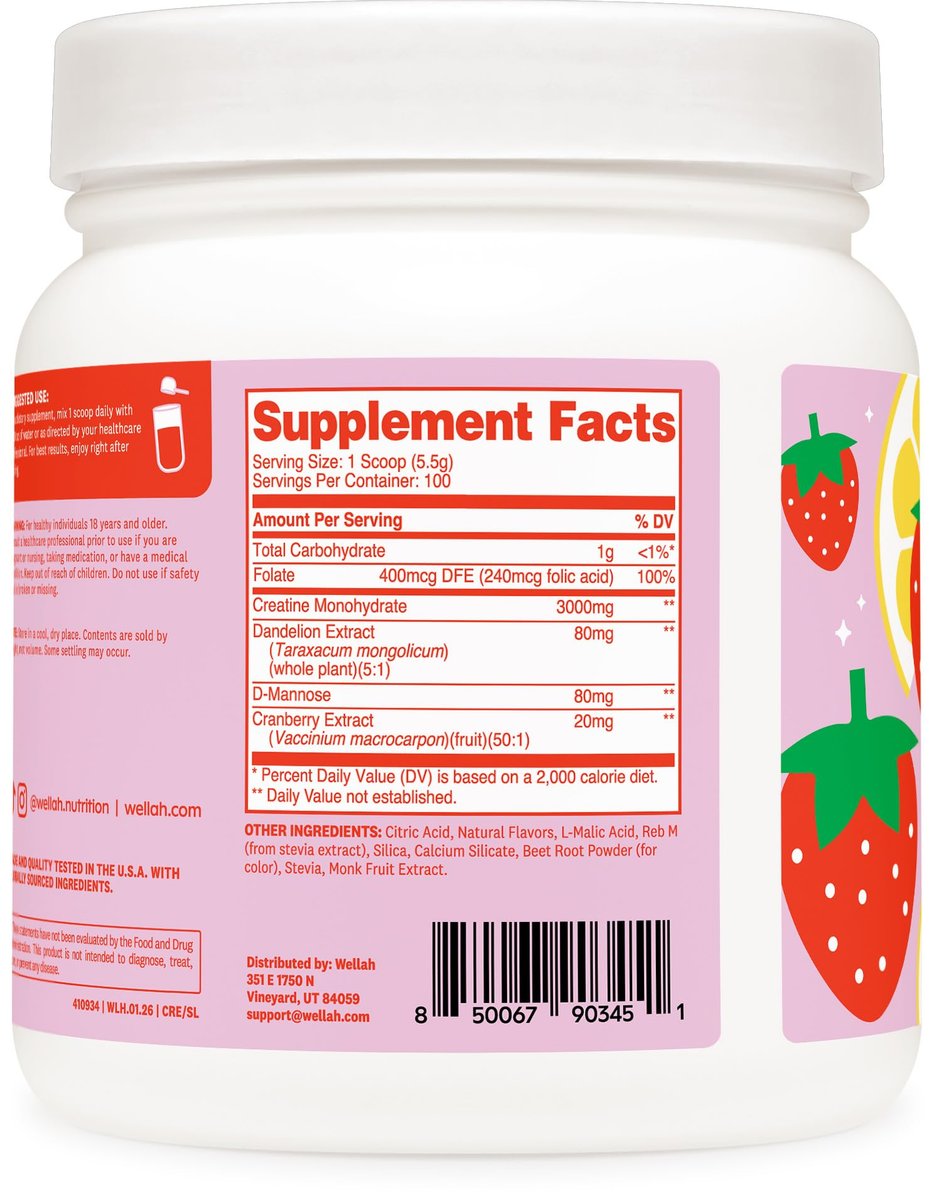 Wellah Creatine for Women - Creatine Monohydrate with Dandelion & Cranberry Extract (100 Servings, Strawberry Lemonade) - görsel 2