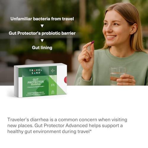 TRAVELSANA Travel Probiotics for Digestive Health, Immune Support & Occasional Traveler’s Diarrhea | Probiotics for Gut Health | Travel Essentials Supplement | Gut Protector | 30 Vegan Caps